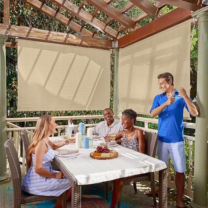 Coolaroo Outdoor Roller Shade with Wand - 80% UV Block Breathable Light Filtering Shade for Patio or Porch, Fade-Resistant, Easy-Clean Fabric, 6ft x 6ft, Sesame