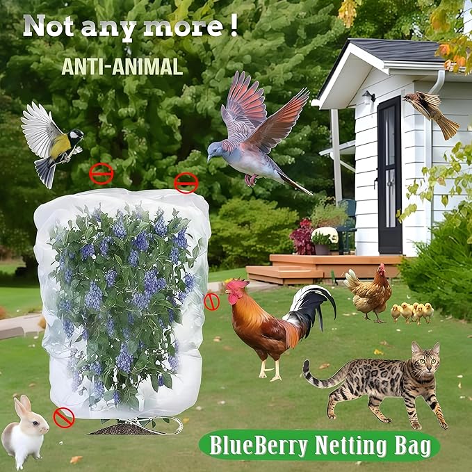 Fruit Tree Netting with Drawstring- 4 Pack 5.3x6 FT- Easy Install Plant Protection Cover, Reusable Garden Mesh Bag for Blueberry Bushes/Tomato - Block Birds/Insect/Squirrels