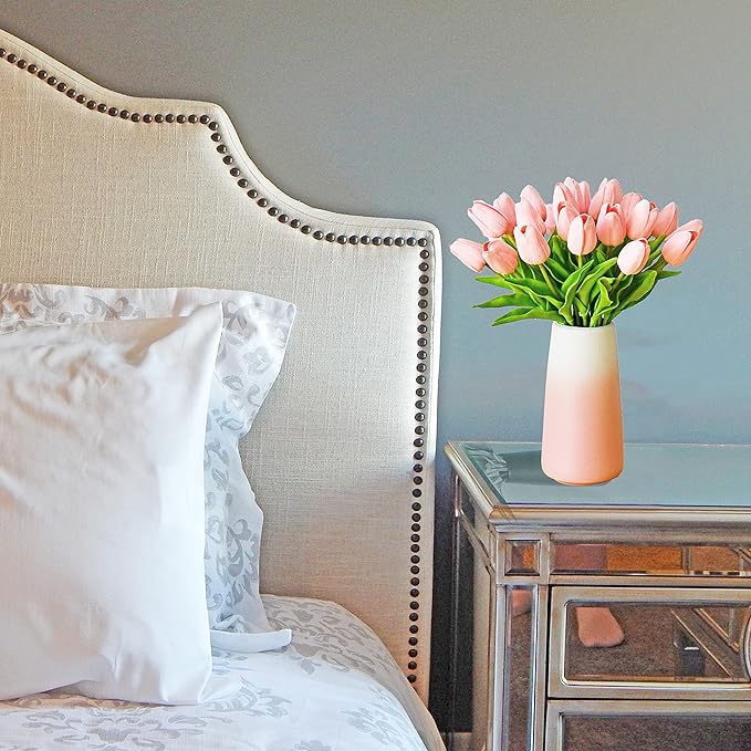 Mandy's Light Pink Artificial Tulips Flowers Centerpiece, 13.5" Lifelike PU Fake Floral Stems 28pcs with Vase for Kitchen Island & Dining Table, Spring Decor for Easter