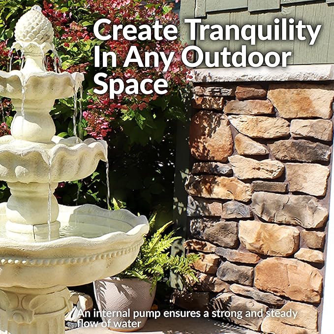 Sunnydaze 51-Inch 3-Tier Water Fountain – Electric Outdoor Fountain with Pineapple Top – Outdoor Patio & Garden Water Feature – Continuous Flow Pump with 6 ft Cord – White