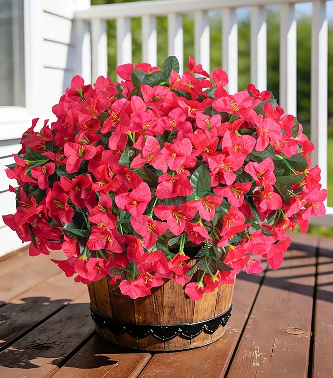 Faux Bougainvillea Artificial Flowers for Outdoors Summer Outside Decor, 4 Bundles Red Fake Bougainvillea Silk Outdoor Flowers Plants UV Resistant Look Real for Porch Patio Window Planter Garden Home