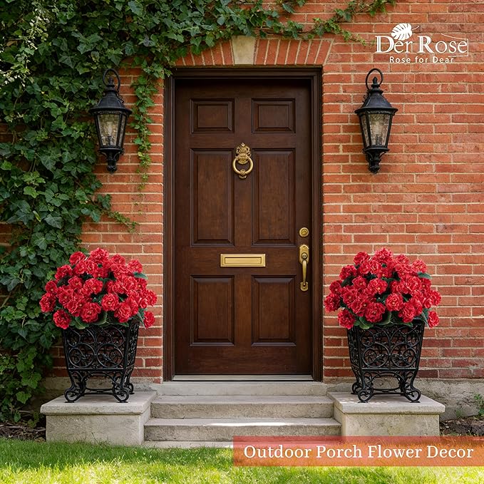 Der Rose 6 Pack Red Artificial Geraniums Flowers for Outdoors UV Resistant Faux Flowers for Outdoor Planters Window Boxes Patio Cemetery Porch Decor