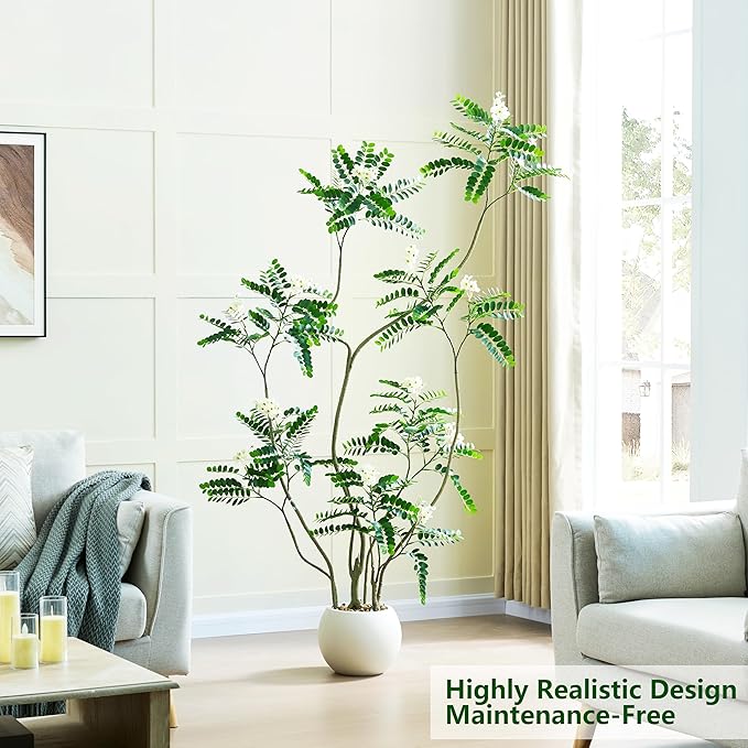Artificial Locust Tree, 6FT Tall Artificial Plants Indoor with White Flowers & Pot, Large Floor Plant Faux Sophora Fake Flower Tree Silk Plants for Indoor Office Home Room Balcony Porch Decor
