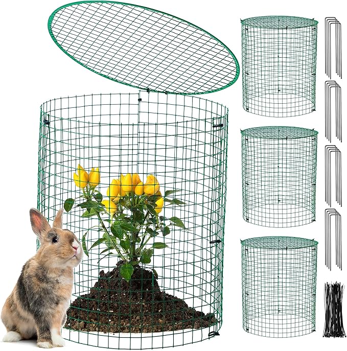 Hiboom 4 Pack Garden Plant Protectors from Animals with Stakes, Metal Mesh and Detachable Covers Wire Plant Cage for Keeping Bunny Animals Out, Chicken Wire Cover Garden Protect (12 * 13 in)