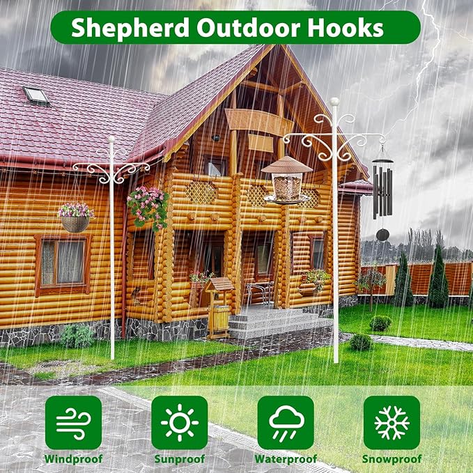 Bird Feeder Pole for Outdoors Heavy Duty Squirrel Proof, 2 Pack 76 Inch Adjustable Tall Shepherds Hooks for Outdoor with 7 Prongs Base, Double Shepherd Hooks (2 Pack White, 76 Inch)