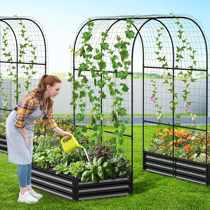 DoCred Galvanized Raised Garden Bed with 87" H Arch Trellis for Climbing Plants, Raised Outdoor Planter Garden Box with Climbing Netting for Gardening, Climbing Vegetables, Flower, Black