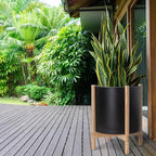 D'vine Dev Planter Pot with Stand - 16 Inch Plastic Cylinder Flower Pot with Wood Planter Holder for Indoor, Matte Black Pot + Natural Stand, 55-C-Y-2