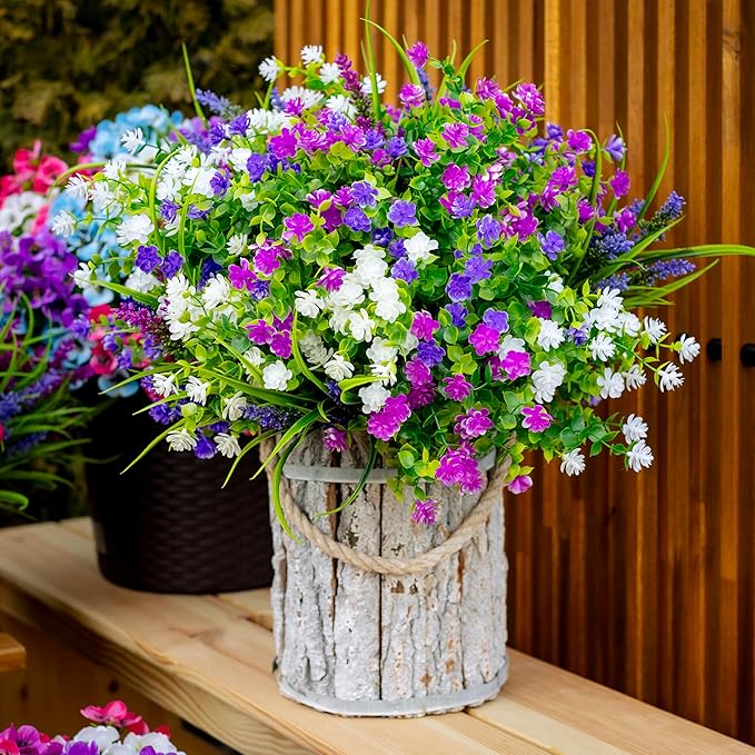 Artificial Flowers for Outdoors Fake Plants - 12 Bundles Faux Outside Greenery Boxwood No Fade Plastic Shrubs Home Decor Farmhouse Garden (Mixed, 3 Colors Magenta Purple White)