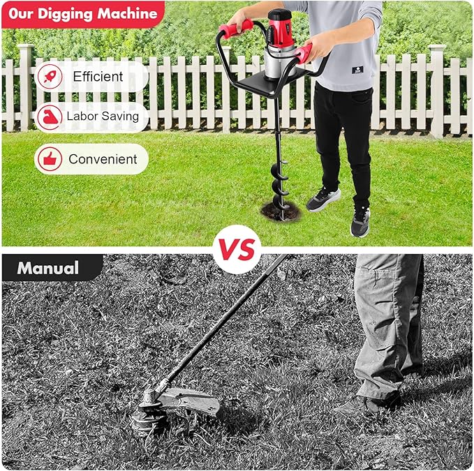 1500W Electric Post Hole Digger with 4-inch Auger Bit & 11.81inch Extension Rod, 1.6HP Pure Copper Motor Earth Auger Fence Post Digger for Post Holes Earth Digger Planting, 190-200 RPM