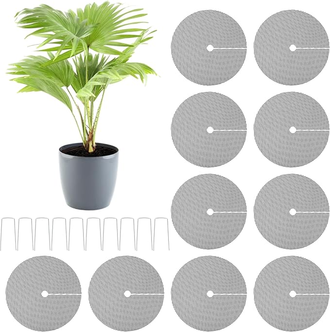10Pcs Plant Pot Grids - 11.8Inch Plant Pot Cover with 10 U-Shaped Nails, Cuttable Soil Cover Protector from Cats, Dig-Free Soil Cover Flower Pot Grid Guard