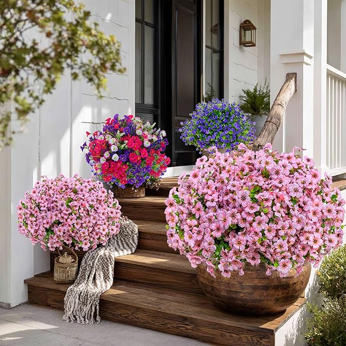 AXYLEX Artificial Flowers for Outdoors Fake Plants - 16 Bundles Faux Outside Greenery Boxwood No Fade Plastic Shrubs Fall Decor Farmhouse Home Garden Thanksgiving Mums (Pink)