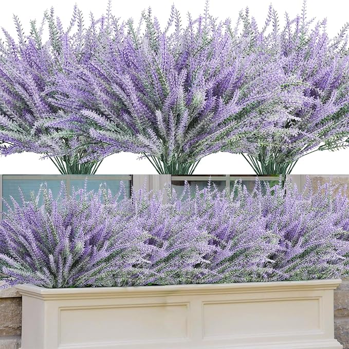 obbsie 30 Bundles Artificial Lavender Outdoor, 14.5" UV Resistant Faux Plants Outdoor Greenery Stems No Fade Plastic Fake Flowers for Window Garden Office Patio Porch Decor
