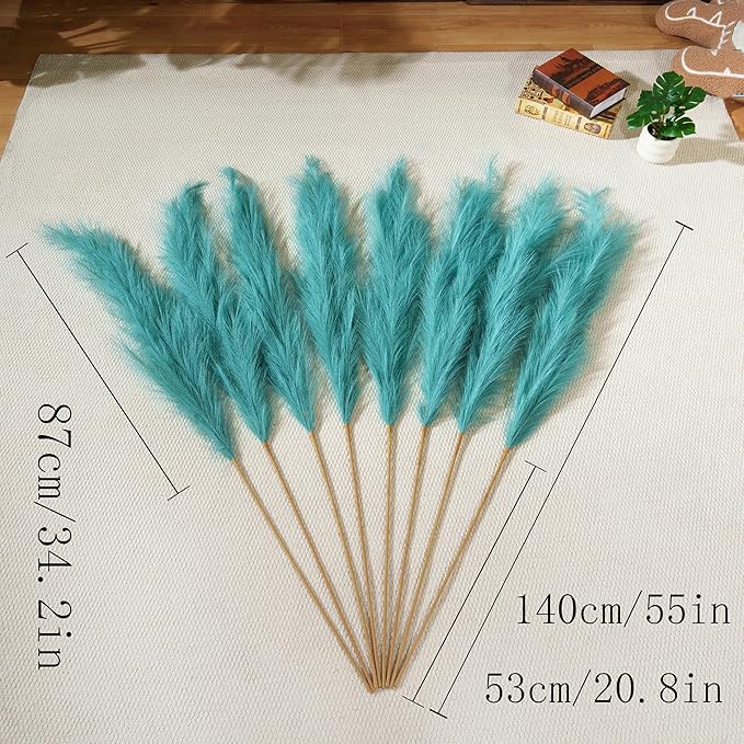 Premium Faux Teal Pampas Grass – 55" Tall Ultra-Fluffy 24-Branch One-Piece Stems No Assembly, Luxury Silk-Feel Feather Flowers for Boho Coastal Tropical Home Decor (Peacock Teal, 8 Stems)