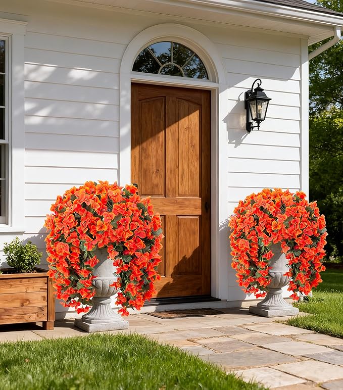 Bougainvillea Artificial Hanging Flowers Plants for Outdoors Decoration, 2pcs Fake Flowers Silk Bougainvillea Vines Realistic UV Resistant Faux Flowers for Outdoor Planters Porch Patio Gardens, Orange