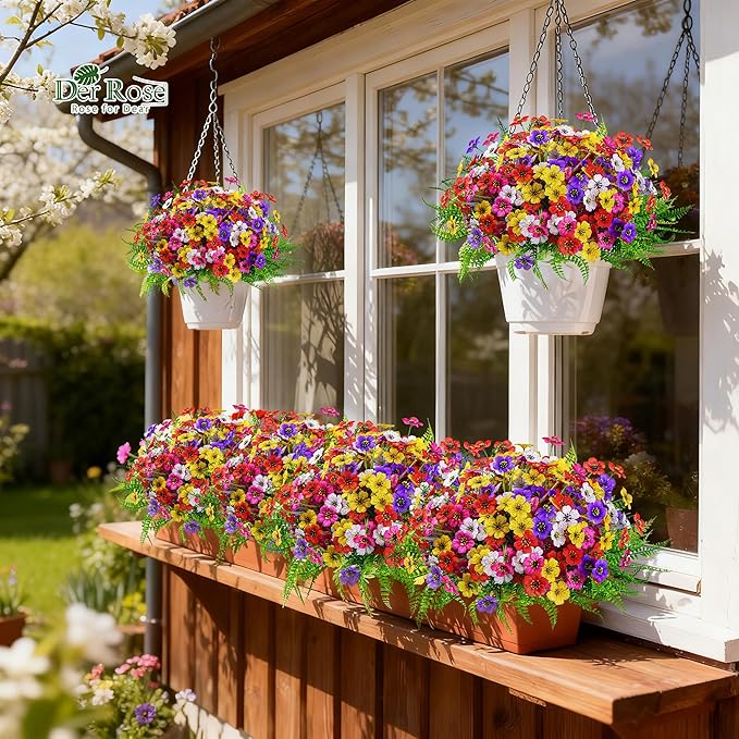 Der Rose 24 Bundles Artificial Flowers for Outdoors Fake Ferns UV Resistant Faux Spring Flowers for Outdoor Planters Home Garden Patio Front Porch Decor