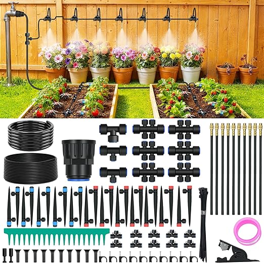 230FT Drip Irrigation Kit with Quick Connect PE Tubing, Automatic Garden Watering Sprinkler System, 2026 Upgraded Water-Saving Design with 3 Adjustable Misting Emitters, Greenhouse & Raised Bed