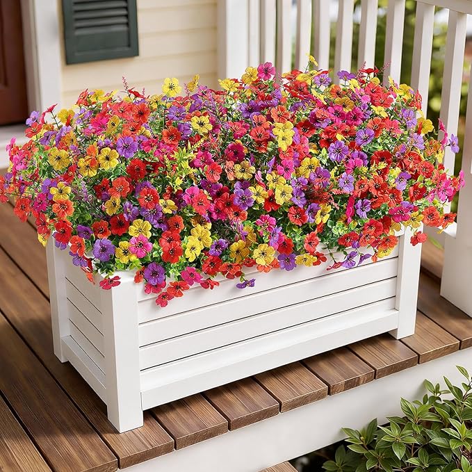 SHareconn 24 Bundles Artificial Flowers for Outdoors Decoration, Faux Plants Fake Silk Colorful Daisy Eucalyptus Lavender, UV Resistant for Outside Home Indoor Spring Decor, RedRosyPurpleYellowOrange
