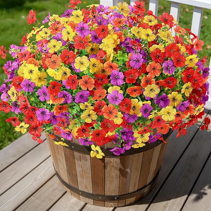 Alupssuc 48 Bundles Artificial Flowers for Outdoors Decoration, UV Resistant Silk Faux Floral Spring Summer Fake Plastic Plants Greenery for Outside Indoor Home Porch Window Box Decor, Mix 4 Colors