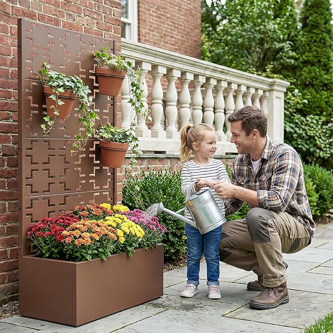Casaphoria Metal Raised Garden Bed with Trellis, 59"x30"x12" Planter Box for Climbing Plants, Vegetables & Vines, Features Drainage Holes and Privacy Screen, Brown-Square