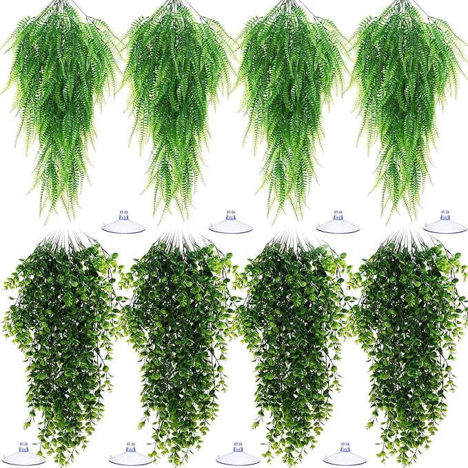 Suncalla Reptile Plants Terrarium Hanging Plants Vines Boston Climbing Terrarium Plant with Suction Cup for Bearded Dragons Lizards Crested Gecko Snake Crab Tank(Classic Series,Light Dark Green)