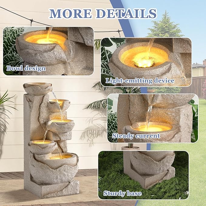 Grepatio Outdoor 5-Tiers Cascading Rock Water Fountain, Small Waterfall Fountain with 5 LED Lights, Beige Bowl Feature Fountains and Waterfalls for Garden or Patio, Yard, and Deck Decor