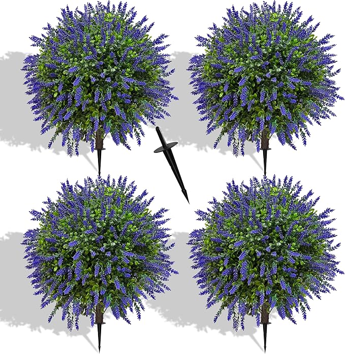 21.6 Inch Artificial Lavender Boxwood Topiary Ball Trees, Set of 4 Fake Shrub Bushes with Ground Spike, UV Resistant Faux Greenery Outdoor Plants for Garden, Patio, Porch, Yard & Indoor Decor