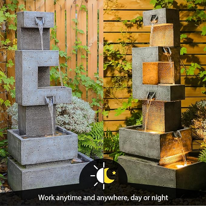 Sunlinua 48.4" H Outdoor Water Fountain with 4 Tiers Cascading Realistic Rock Waterfall Fountains with LED Lights Outdoor Water Fountain for Garden Patio Backyard Porch Home Decor