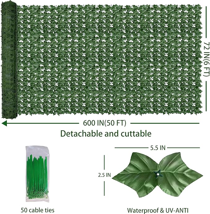 ODTORY Artificial Fence Privacy Screen: 6FT x 50FT UV-Anti Faux Greenery Backdrop Ivy Chain Link Shades Panels for Patio, Balcony, Garden,Deck,Backyard Indoor Outdoor Green Wall Decor