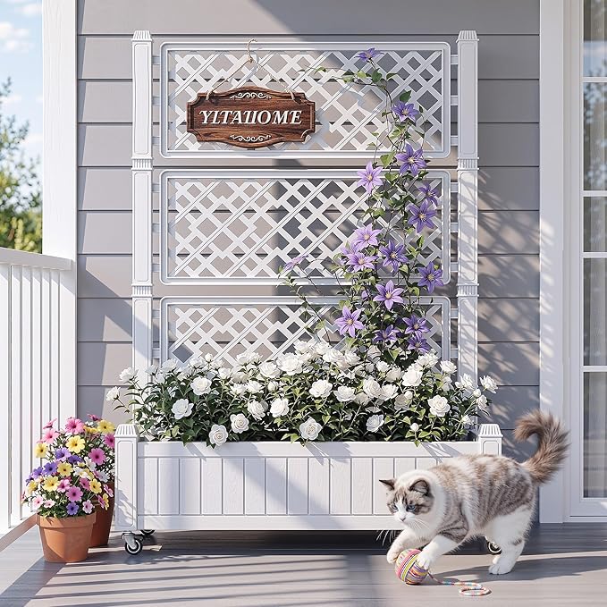 YITAHOME 42.5x14.2x61 in Planter Box with Trellis/Outdoor Privacy Screen, All-Weather Raised Garden Bed with Wheels & Drain Plug for Climbing Plants Flowers Herbs, White