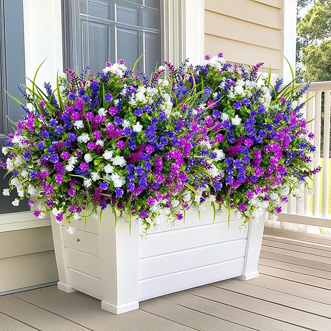 Artificial Flowers for Outdoors Fake Plants - 12 Bundles Faux Outside Greenery Boxwood No Fade Plastic Shrubs Home Decor Farmhouse Garden (Mixed, 3 Colors Magenta Purple White)