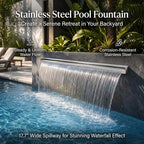 Stainless Steel Pool Fountain Waterfall Sheer Descent, 17.7" Inches Spillway for Swimming Pool, Outdoor Garden Pond, Patio & Backyard Water Feature Decoration(17.7")