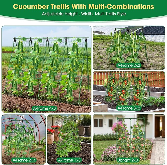71" x 51" Cucumber Trellis for Raised Bed, A-Frame Garden Trellis for Climbing Plants Outdoor, Rust-Proof Metal Support for Tomato, Peas, Beans, Zucchini & Vines, with Netting & Clips