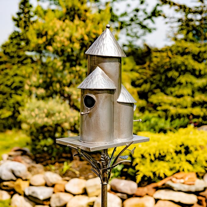 Zaer Ltd. Large Silver Colored Multi-Birdhouse Stakes, Room for 4 Bird Families in Each (Tall Triple Cylinder Homes (Silver Color))