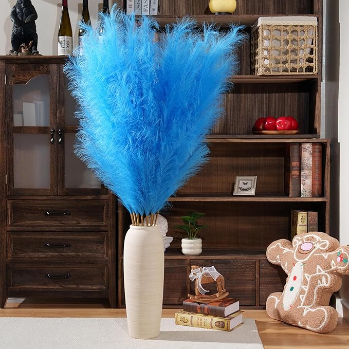 Premium Faux Sky Blue Pampas Grass – 55" Tall Ultra-Fluffy 24-Branch One-Piece Stems No Assembly, Luxury Silk-Feel Feather Flowers for Coastal Boho Wedding Home Decor (Powder Blue, 8 Stems)