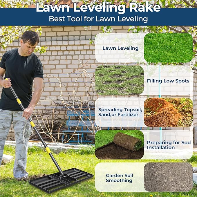 Lawn Leveling Rake 30"x10" for Lawn Care - 72" Extendable Stainless Steel Handle with Ergonomic Grip | Professional Grass Leveling Tool for Golf Courses, Soccer Fields, Backyard Turf Maintenance