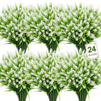 Bassion 24 Bundles Artificial Flowers for Outdoors, Fake Lavender Flowers with Monkey Grass UV Resistant Plastic Faux Plants for Outside Hanging Planter Window Box Garden Patio Front Porch Home Decor
