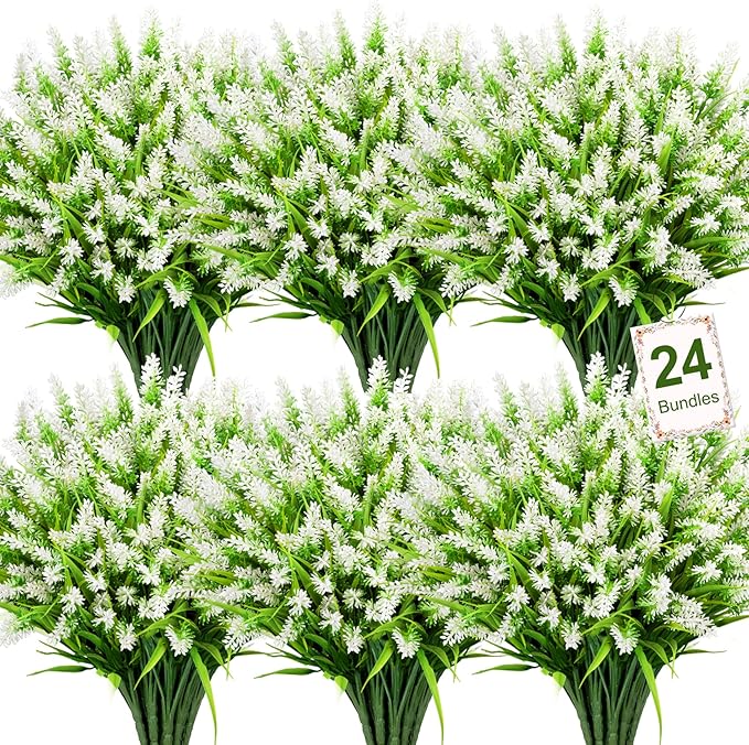 Bassion 24 Bundles Artificial Flowers for Outdoors, Fake Lavender Flowers with Monkey Grass UV Resistant Plastic Faux Plants for Outside Hanging Planter Window Box Garden Patio Front Porch Home Decor