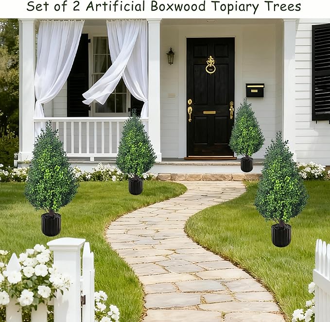 Set of 2 Artificial Potted Plants Boxwood Trees Outdoor Indoor Artificial Topiary Tree with Planter,2.3FT Potted Faux Bushes Evergreen Fake Trees Outside Realistic for Porch Offices Balcony Garden