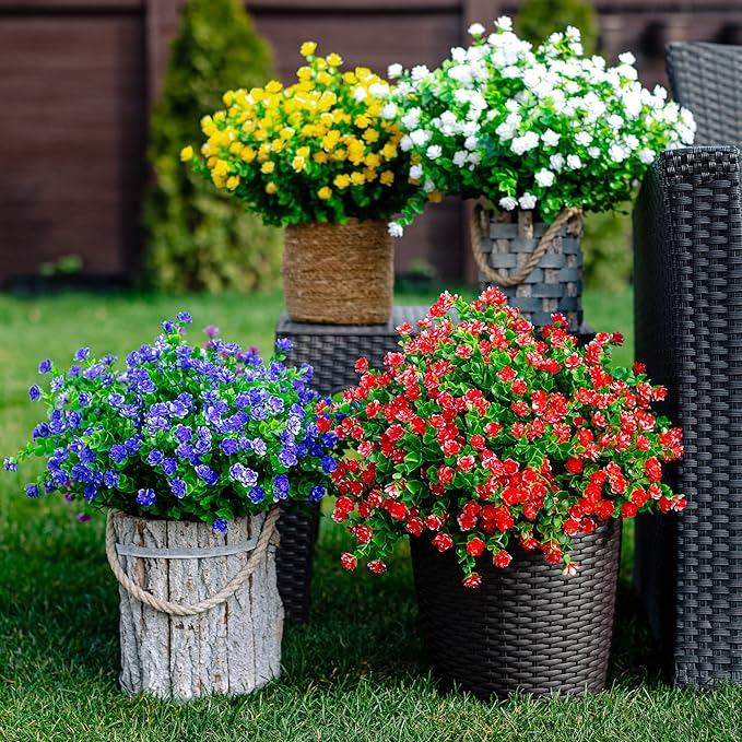 Artificial Flowers for Outdoors Fake Plants - 12 Bundles Faux UV Resistant No Fade Plastic Greenery Home Garden Porch Patio Decoration Boxwood Shrubs (Red)