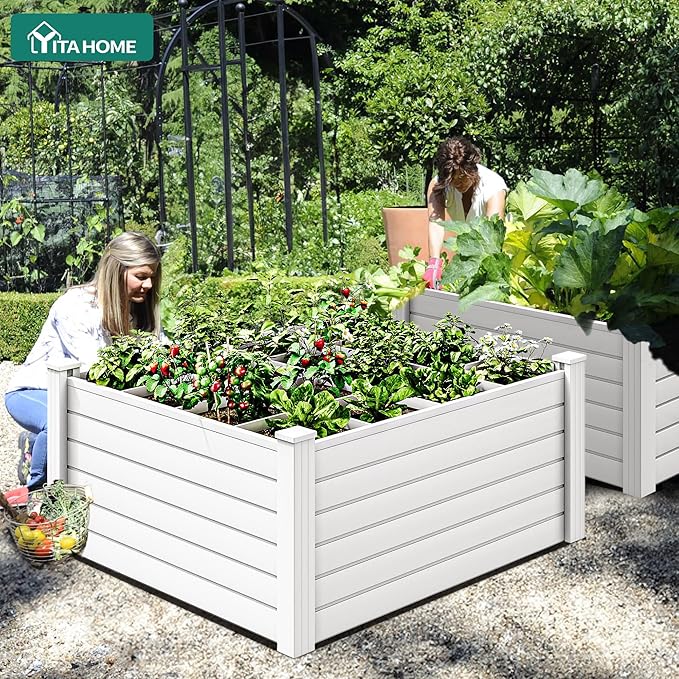 YITAHOME 48x48x24 in Plastic Raised Garden Bed with Growth Grid, Large Outdoor Vinyl Planter Box for Plants, Vegetables, and Flowers, Easy Installation, White