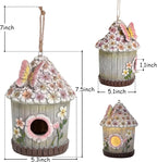 Hanging Bird House for Outdoor with Solar Light, Nesting Box Garden Resin Decor, Pet Cottage Birdhouse with Pole Decoration for Small Hummingbird Blue Bird Sparrow Chickadee