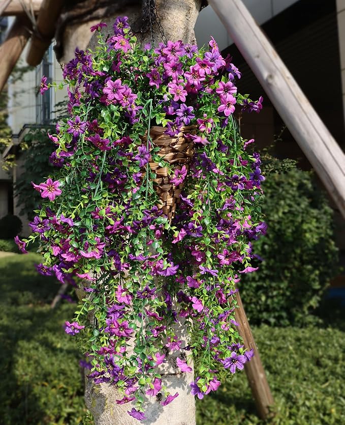 Artificial Hanging Flowers for Outdoors, 4 Pack Fake Hanging Plant for Spring Summer Decor, UV Resistant Faux Silk Flower for Planter Front Door Porch Patio Yard Garden (Double Purple)