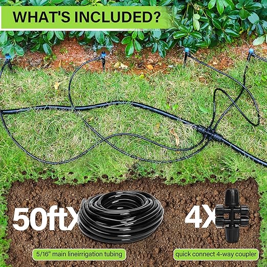 Bonviee 50FT 5/16” Drip Irrigation Mainline Tubing with 4-Way Push-to-Connect Couplers (4 Pack) – Compact DIY Garden Irrigation Distribution System for Misting, Raised Beds & Small Spaces