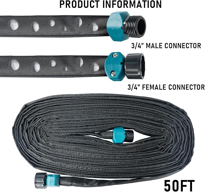 Hourleey Flat Soaker Hose 100 FT for Garden, 100' (50FT x 2) Linkable Consistent Drip Irrigation Hose, Leak-free Dual-layer Design Saving 80% Water Garden System Water Hose with Holes