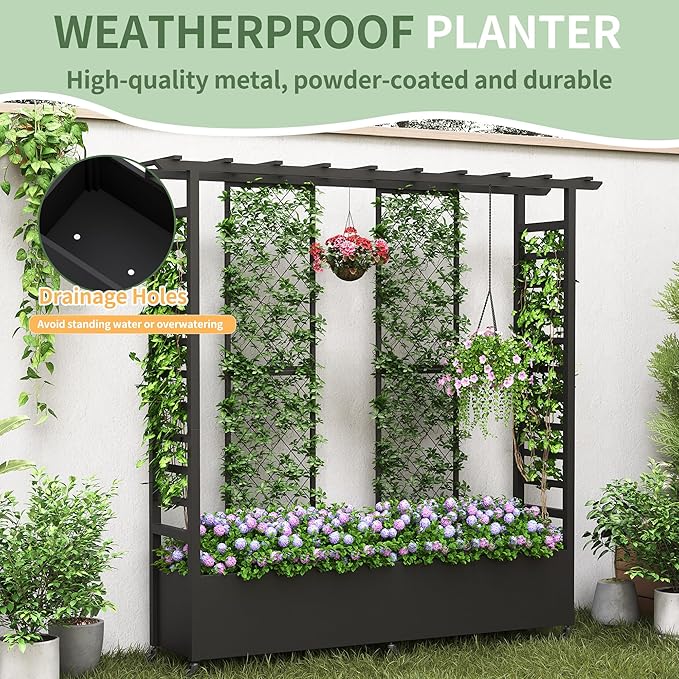 Raised Garden Bed with Trellis & Hanging Roof, Weatherproof Metal Planter Box with Wheels, Garden Arch Trellis for Outdoor Climbing Plants Vines Flowers, 74" H x 77" L x 17" W, Black