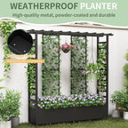 Raised Garden Bed with Trellis & Hanging Roof, Weatherproof Metal Planter Box with Wheels, Garden Arch Trellis for Outdoor Climbing Plants Vines Flowers, 74" H x 77" L x 17" W, Black
