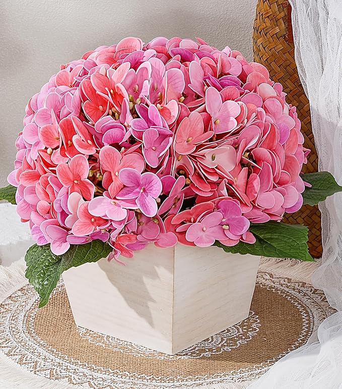 Artificial Hydrangea Flowers Arrangement in Wood Planter, 4PCS Fake Pink Flowers in Wooden Vase Potted Floral Centerpieces for Tables Living Room Home Office Room Shelf Kitchen Decor