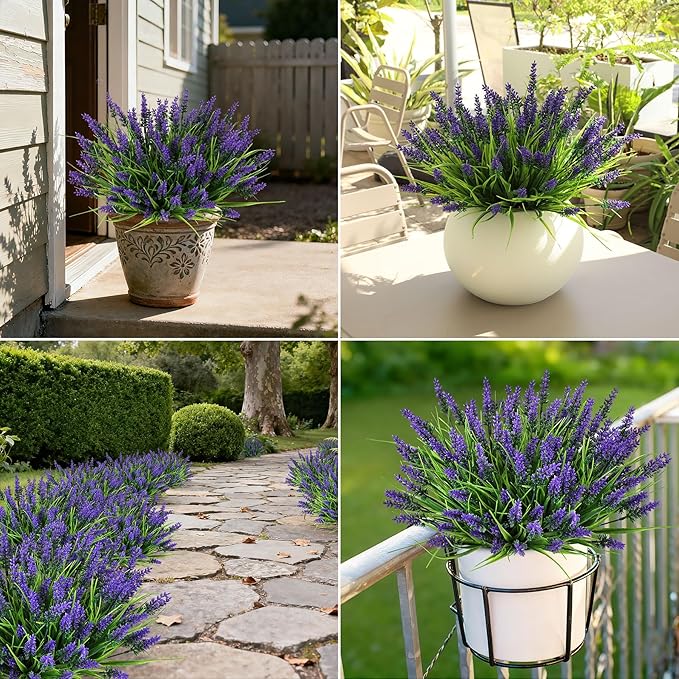 16 Bundles Artificial Plants Outdoor, UV Resistant Fake Lavender & Monkey Grass, Realistic Plastic Faux Plants for Balcony, Patio, Porch Greenery Decor, Planter Filler(Purple)