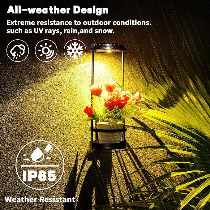 Solar Floor Lamps with Plant Stand, 3 Color Temperatures Solar Outdoor Lights, Metal Hanging Plant Holder Outdoor Wall Sconce for Garden Yard Patio Balcony (Black)