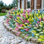 Geegoods Artificial Plants Flowers Outdoor – 24 Bundles UV Resistant Faux Lavender Flowers with Monkey Grass for Garden Porch Window Patio Hanging Planter Decor